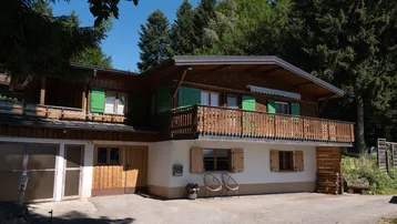 Traditionelles Holzchalet mit Balkon, grünen Fensterläden und gepflasterter Auffahrt, umgeben von Bäumen.