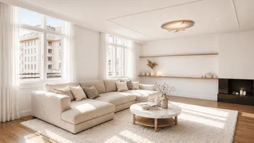 Helles Wohnzimmer mit großem Ecksofa, modernem Kamin und weitem Blick durch die großen Fenster.