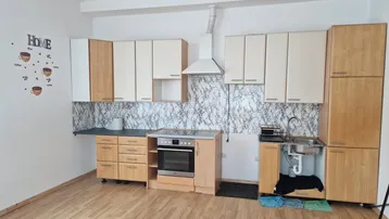 Helle Küche mit Holzschränken, heller Arbeitsplatte und integriertem Backofen.