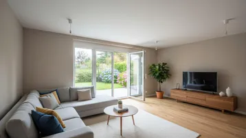 Helles Wohnzimmer mit großem Ecksofa, Holzboden und direktem Zugang zum grünen Garten.