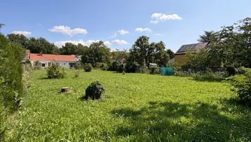 Großes, sonniges Grundstück mit Rasenfläche und umliegenden Häusern unter blauem Himmel.