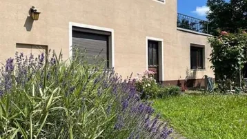 Fassade eines Hauses mit beigefarbenem Putz, Rollläden und einem blühenden Lavendelbeet im Vorgarten.