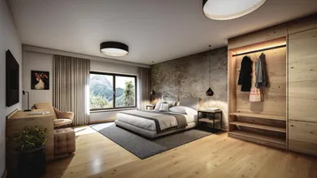 Modernes Schlafzimmer mit Holzboden, Einbauschrank und großem Fenster mit Bergblick.