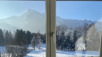 Blick aus dem Fenster auf eine verschneite Berglandschaft mit Bäumen unter blauem Himmel.
