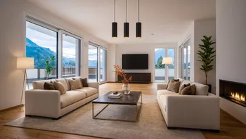 Modernes Wohnzimmer mit Holzboden, Kamin und großen Fenstern mit Bergblick.