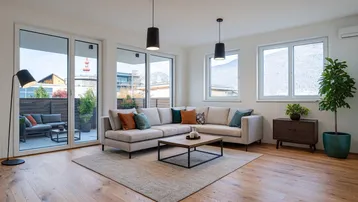 Helles Wohnzimmer mit Holzboden, bequemer Sitzecke und Zugang zu einer großen Terrasse mit Bergblick.