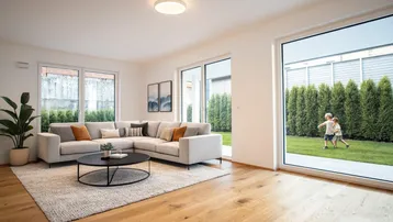 Helles Wohnzimmer mit Holzboden, moderner Einrichtung und direktem Zugang zum Garten.