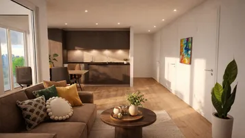 Helles, offenes Wohnzimmer mit integrierter Küche, Holzboden und modernen Möbeln.