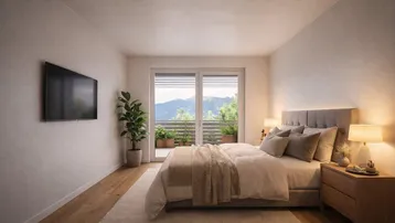 Modernes Schlafzimmer mit Holzboden, großem Bett, Fernseher und Zugang zum Balkon mit Bergblick.