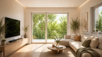 Helles, modern eingerichtetes Wohnzimmer mit Holzboden, großen Fenstern und Zugang zum Balkon mit Grünblick.