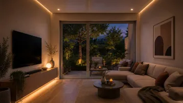 Modernes Wohnzimmer mit indirekter Beleuchtung, Holzboden und Zugang zu einer beleuchteten Terrasse.