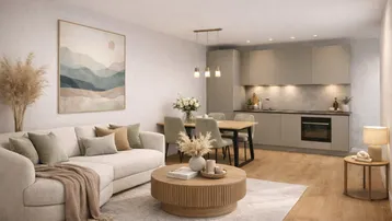 Moderner offener Wohn- und Essbereich mit integrierter Küche, hellem Sofa und Holzboden.