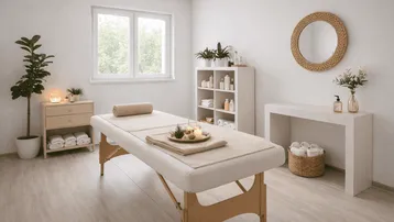 Heller Wellnessraum mit Massageliege, großen Fenstern und Regalen voller Pflegeprodukte, ideal für Entspannung und Behandlungen.