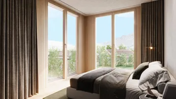 Modernes Schlafzimmer mit Holzboden, großen Fenstern und Zugang zu einem französischen Balkon mit Aussicht.