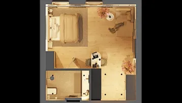 Grundriss-Rendering eines modernen Apartments mit Schlafbereich, Arbeitsplatz und integriertem Bad.