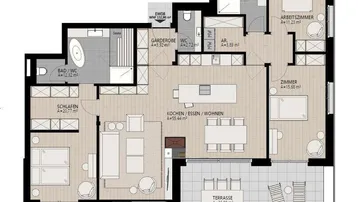 Detaillierter Grundriss mit offener Wohnküche, zwei Bädern, Sauna und großer Terrasse.