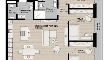 Detaillierter Grundriss einer Wohnung mit offenem Wohnbereich, zwei Bädern und mehreren Balkonen.