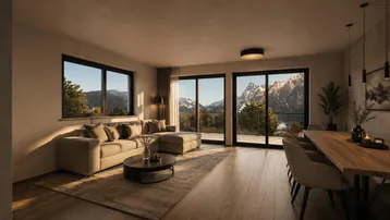 Heller Wohn- und Essbereich mit modernen Möbeln und beeindruckendem Bergblick durch große Fenster.