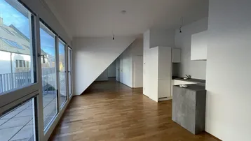 Heller offener Wohnbereich mit integrierter Küche, Parkettboden und Zugang zu einer Terrasse.