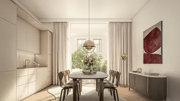 Moderner Essbereich mit integrierter Küchenzeile, Holzboden und Zugang zum Balkon.