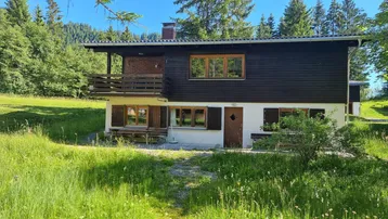 Traditionelles Holzhaus mit Balkon und grüner Umgebung in den Bergen, umgeben von Bäumen.