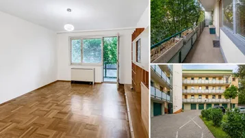 Innenraum mit Parkettboden und Balkonzugang, ergänzt durch Außenansichten des Gebäudes und Balkons.