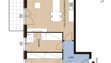 Grundriss einer Wohnung mit offenem Wohn-Essbereich, zwei Zimmern, Bad, WC und Balkon.