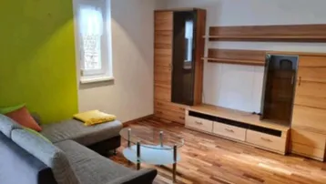 Helles Wohnzimmer mit Holzparkett, grüner Akzentwand und moderner Wohnwand.