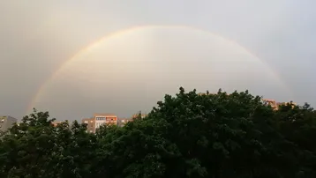 Regenbogen über Bäumen und Gebäuden in der Ferne, ein friedlicher Ausblick über die Stadt.