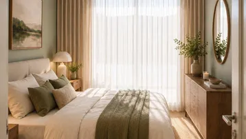 Helles Schlafzimmer mit beigem Teppich, grünen Akzenten und großen Fenstern, die viel Tageslicht hereinlassen.