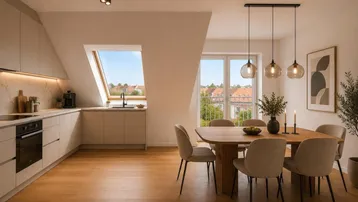 Moderne offene Küche mit Essbereich, Holzboden und Dachfenstern, die einen Blick auf die Stadt bieten.