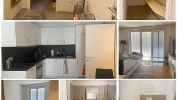Verschiedene Innenansichten einer modernen Wohnung mit Küche, Bad, Schlafzimmer und Flur.