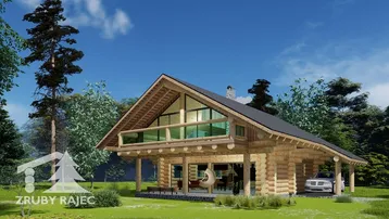 Visualisierung eines modernen Blockhauses mit großer Glasfront und Carport in grüner Umgebung.