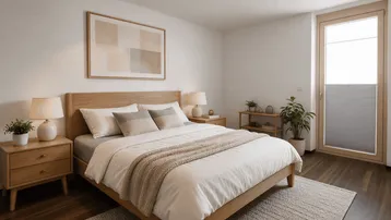 Helles Schlafzimmer mit Holzbett, Nachttischen und Zugang zu einem französischen Balkon.
