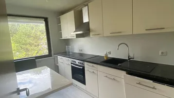Moderne Einbauküche mit hellen Schränken, dunkler Arbeitsplatte und integrierten Geräten.
