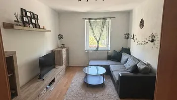 Helles Wohnzimmer mit Laminatboden, modernem Sofa und TV-Möbeln.