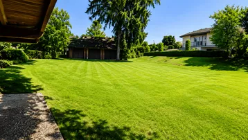Großer, gepflegter Rasen mit Bäumen und einem Nebengebäude im Hintergrund unter blauem Himmel.