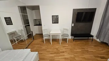 Modernes Studio-Apartment mit Schlafbereich, Esstisch, Fernseher und integrierter Küchenzeile.