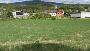 Weitläufiges grünes Feld mit Blick auf ein Dorf und bewaldete Berge unter einem bewölkten Himmel.