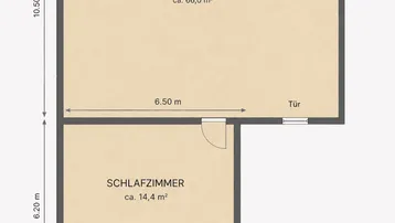 Grundriss der Wohnung mit offenem Wohn- und Küchenbereich sowie separatem Schlafzimmer und Bad.