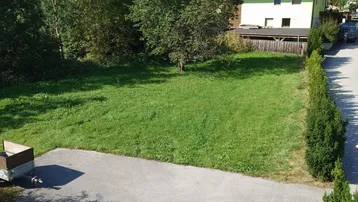 Grünfläche mit Rasen und Bäumen, angrenzend an eine asphaltierte Fläche und ein Wohnhaus im Hintergrund.