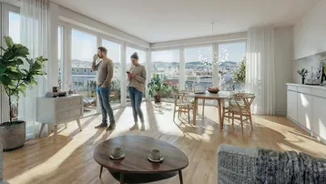 Heller, offener Wohn- und Essbereich mit Holzboden, großen Fenstern und Zugang zur Terrasse.
