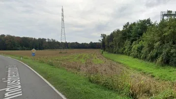 Blick auf eine ländliche Straße mit Feldern, Bäumen und einem Strommast unter bewölktem Himmel.