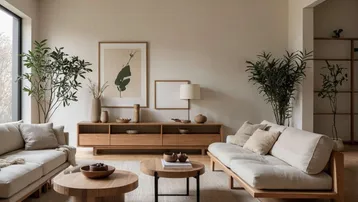 Helles, modernes Wohnzimmer mit beigen Sofas, Holztisch und großen Fenstern für viel Tageslicht.