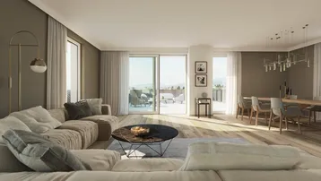Heller, offener Wohn- und Essbereich mit Zugang zur Terrasse und Panoramablick.