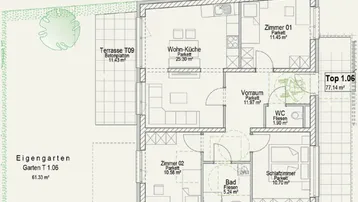 Grundriss einer Wohnung mit Wohn-Küche, zwei Zimmern, Schlafzimmer, Bad und Terrasse mit Garten.