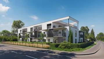 Moderne Wohnanlage mit klaren Linien, Balkonen und gepflegter Außenanlage an einer Straße.