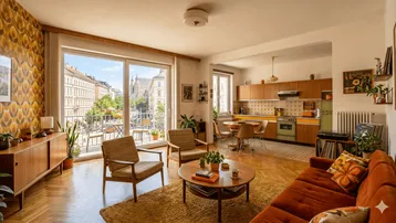 Helles Wohnzimmer mit Vintage-Möbeln, Parkettboden, offener Küche und Balkonzugang mit Stadtblick.