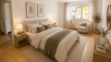 Helles Schlafzimmer mit Holzboden, beigem Teppich und moderner Einrichtung.