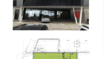 Moderne Gewerbeimmobilie mit großer Glasfassade und Eingangsbereich, darunter ein Grundrissplan des Objekts.